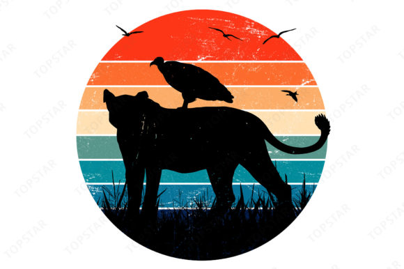 Download Lion and Vulture Silhouette Retro Sunset - Silhouette Collection