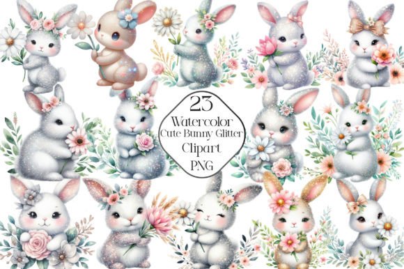 Download Watercolor Cute Bunny Glitter Clipart - Bunny Collection