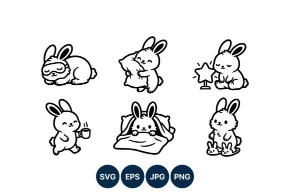 Download Cute Bunny Line Art Sleep Set - Bunny Collection